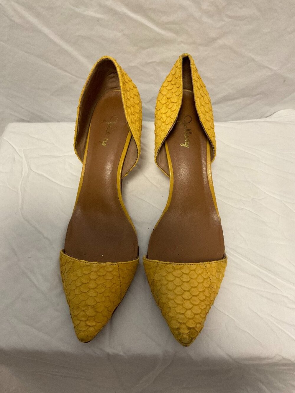 Gallery Mustard Yellow Snakeskin Embossed Low Heels
